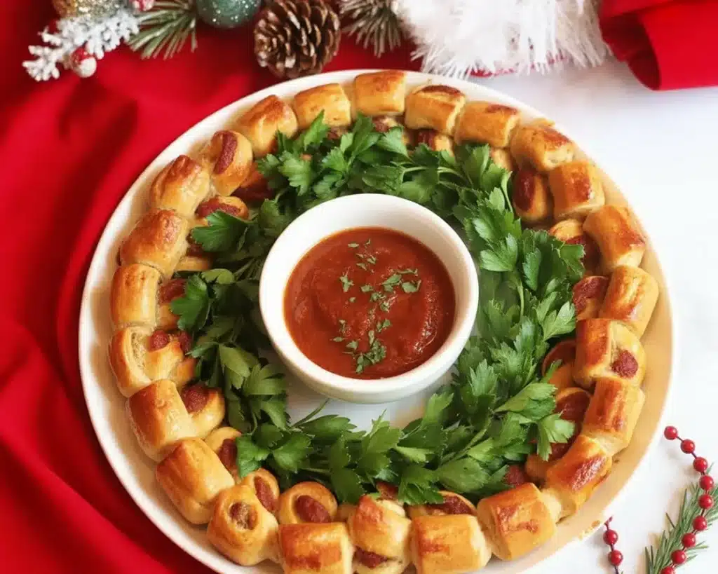 Festive Holiday Pigs in a Blanket Wreath appetizer with mini sausages and crescent dough.