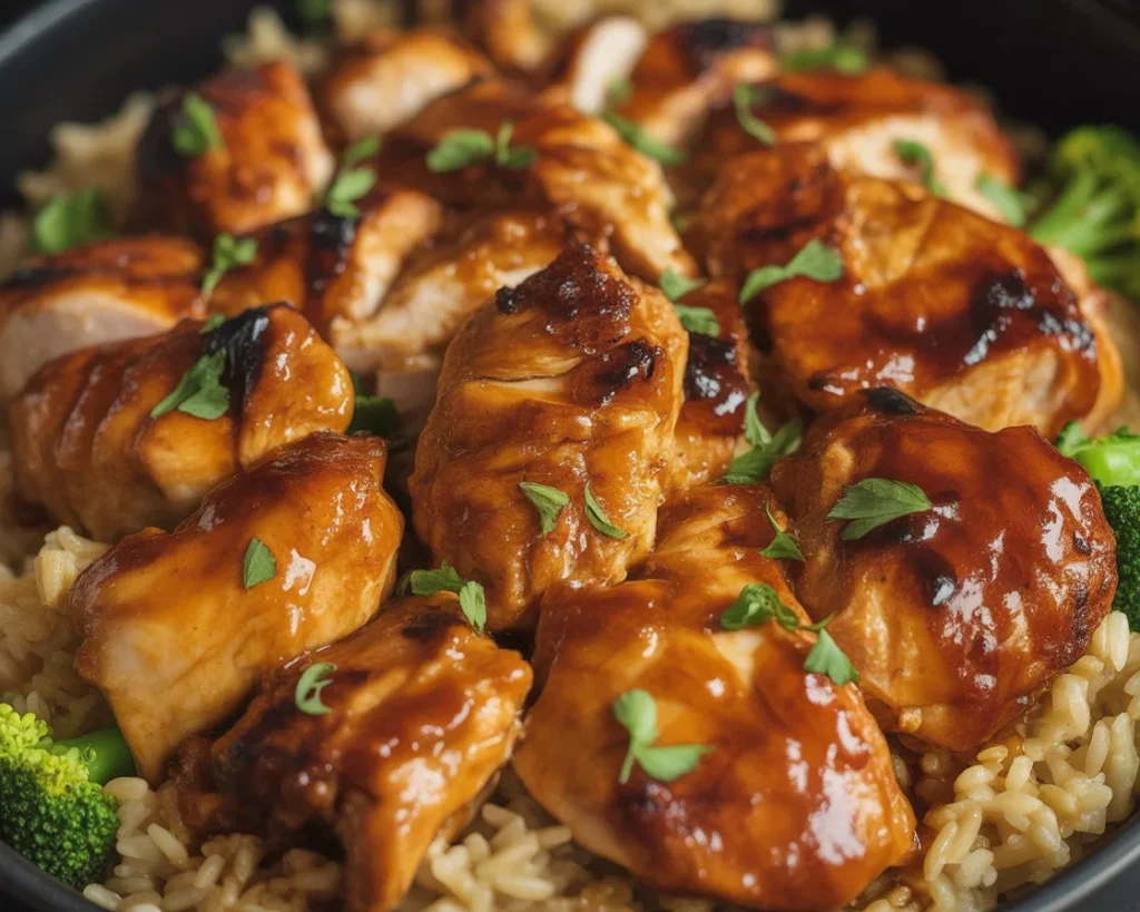 Delicious Honey BBQ Chicken Rice served with flavorful veggies and fluffy rice.