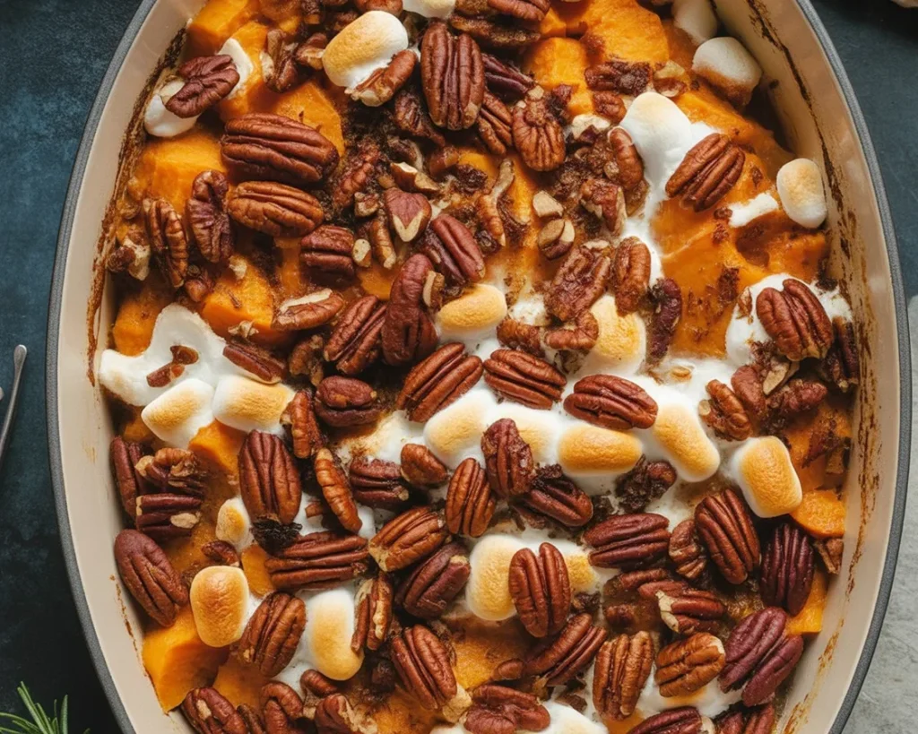 Southern Maple Sweet Potato Casserole topped with pecans and marshmallows.