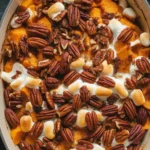 Southern Maple Sweet Potato Casserole topped with pecans and marshmallows.