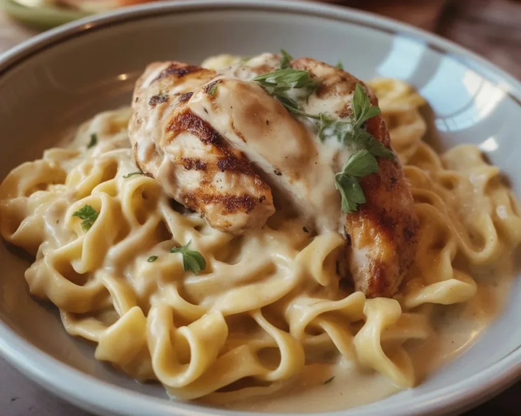 One-Pan Chicken with Buttered Noodles served in a bowl, garnished with parsley.