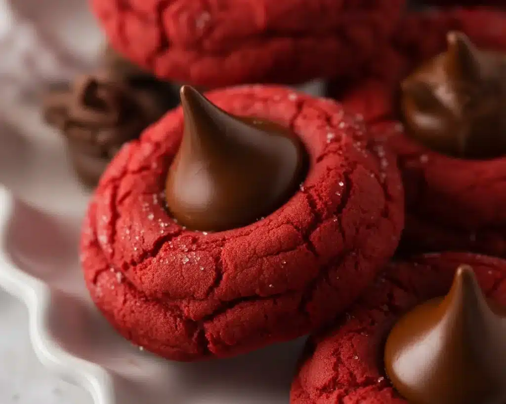 Delicious Red Velvet Blossoms Cookies topped with Hershey's Kisses.