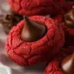 Delicious Red Velvet Blossoms Cookies topped with Hershey's Kisses.
