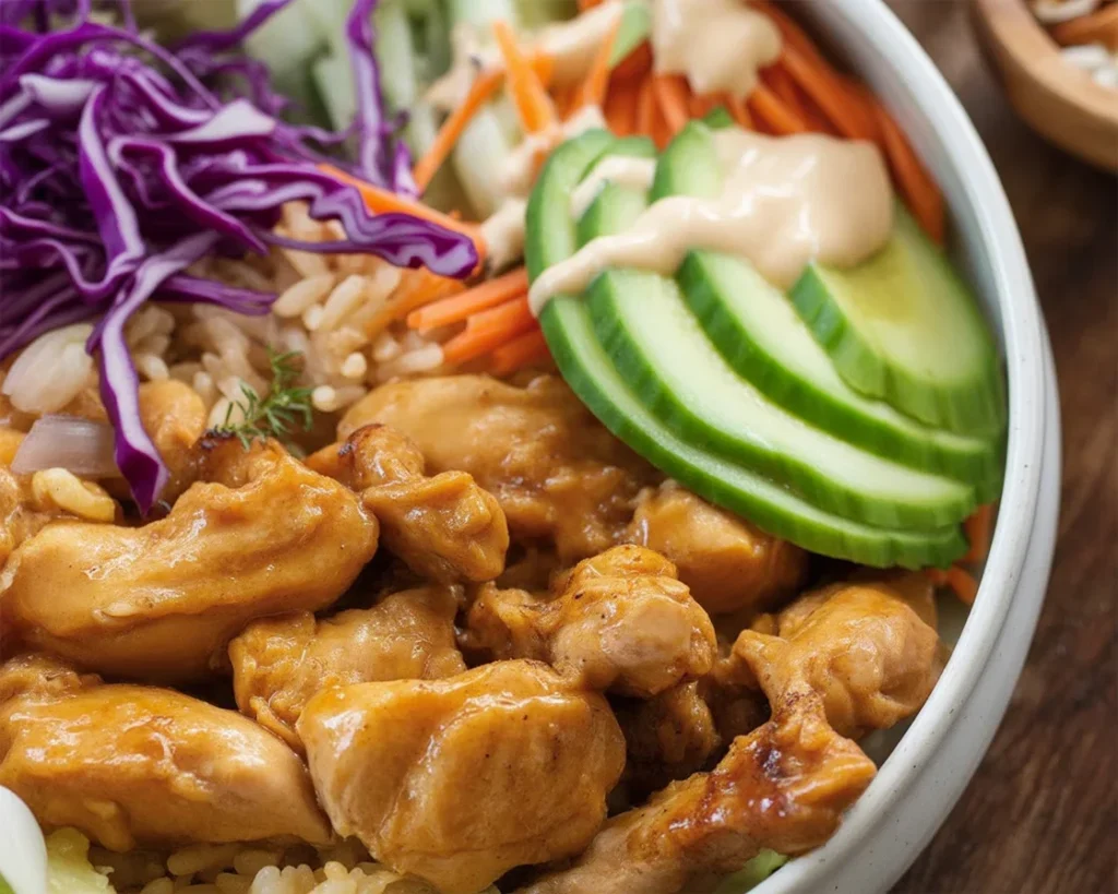 Delicious Bang Bang Chicken Bowl with seasoned chicken, veggies, and rice.