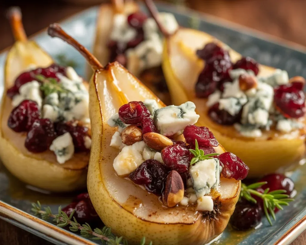 Delicious baked pears with feta cheese, honey, and cranberries served on a plate.