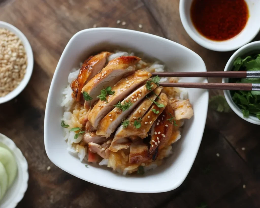 Delicious Sticky Chicken Rice Bowls topped with a sweet and savory sauce.