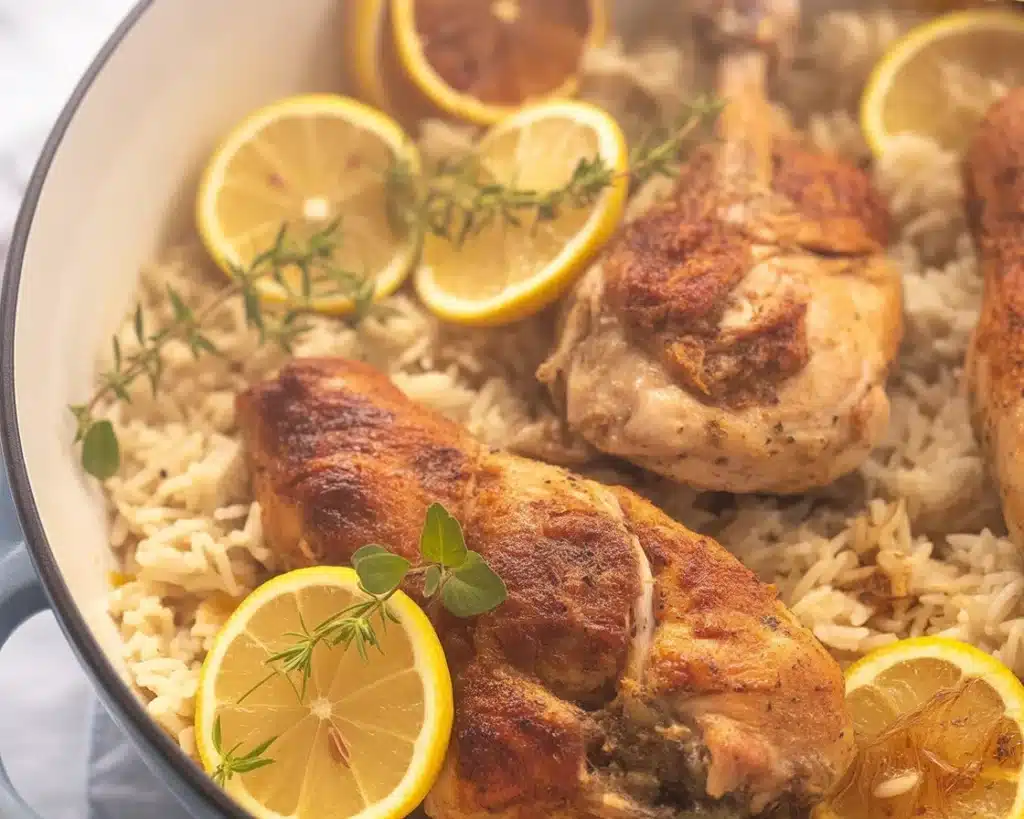 Slow Cooker Lemon Herb Chicken and Rice with herbs, chicken, and lemon zest.