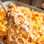 Delicious Spicy Southern Chicken Spaghetti Casserole with cheese and Rotel.