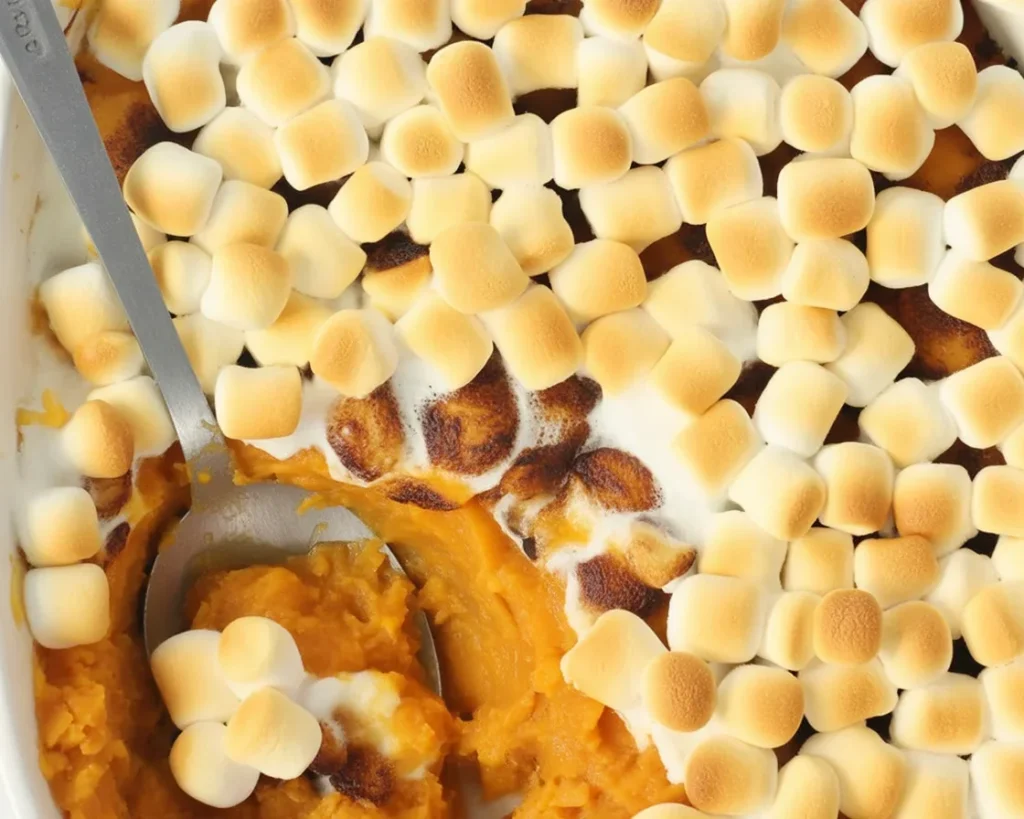 Delicious Sweet Potato Casserole with Marshmallows topped with gooey marshmallows and brown sugar.