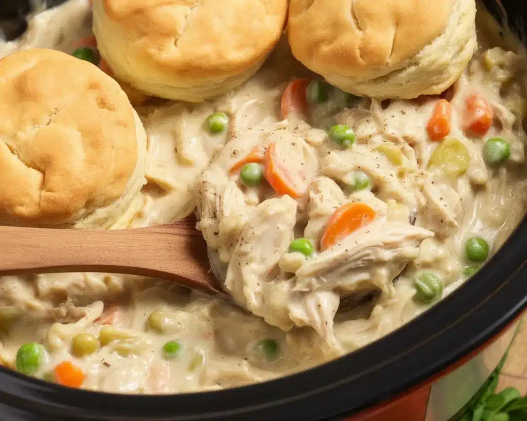 Delicious Crockpot Chicken Pot Pie served with biscuits in a bowl