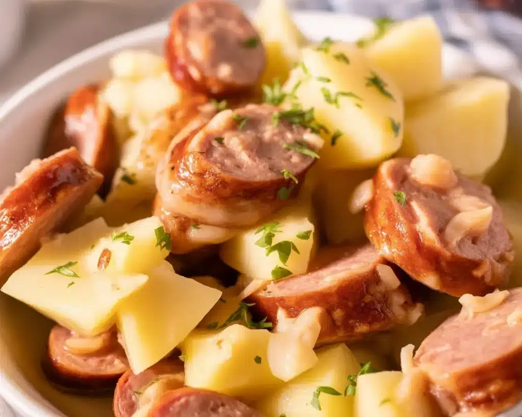 Crockpot Cheesy Potatoes and Kielbasa in a slow cooker with cheese and sausage.