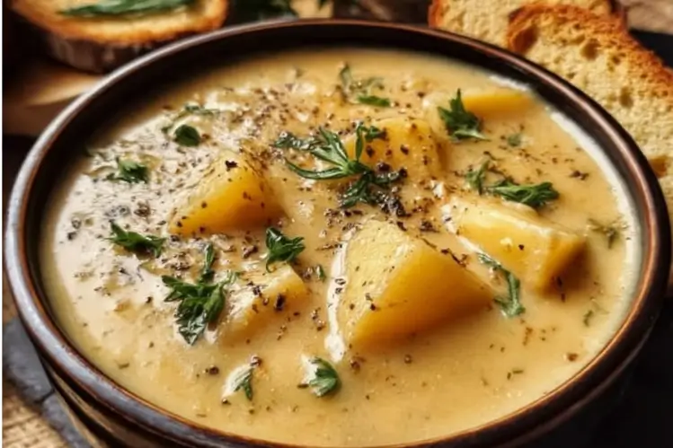 serving Cheddar Garlic Herb Potato Soup in a bowl