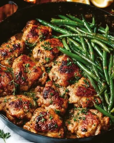 Lemon Garlic Butter Chicken Thighs and Green Beans Skillet