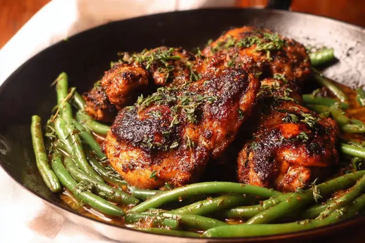 Lemon Garlic Butter Chicken Thighs and Green Beans Skillet serving
