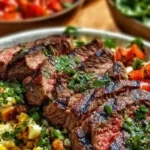 Mediterranean Steak Bowl with grilled steak, fresh veggies, and creamy hummus