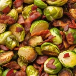Crispy roasted Bacon Brussels Sprouts on a serving platter with balsamic glaze.