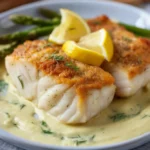 Tasty Baked Cod in Coconut Lemon Cream Sauce served on a white plate