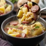 Bowl of creamy Cajun Potato Soup with andouille sausage and vegetables