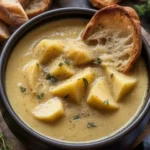 Delicious bowl of Cheddar Garlic Herb Potato Soup topped with herbs and cheese.