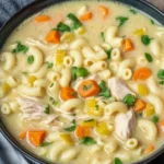 Creamy Chicken Macaroni Cheese Soup served in a bowl with herbs and spices.
