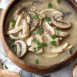 Creamy Chicken Mushroom Soup served in a bowl with fresh herbs.