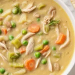 Bowl of creamy Chicken Pot Pie Soup with vegetables and chunks of chicken.