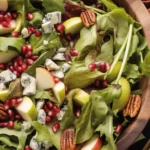 Colorful Christmas Salad with Honey Mustard Dressing, pomegranates, and feta.