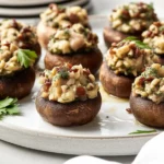 Cheesy Christmas stuffed mushrooms, golden brown and ready to serve for holiday parties.