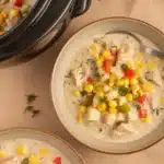 Creamy Crockpot Chicken Corn Chowder with tender chicken, sweet corn, and potatoes.