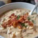 Creamy Cowboy Soup made with beef, bacon, beans, and potatoes in a hearty broth.