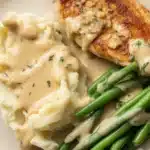 Creamy Garlic Parmesan Chicken Breast served with pasta and vegetables in a skillet.