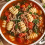 Creamy Italian Sausage Gnocchi Soup with sausage, gnocchi, and fresh spinach.
