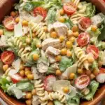 A bowl of Chicken Caesar Pasta Salad featuring chicken, romaine lettuce, and creamy dressing.