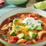 Delicious Crockpot Chicken Tortilla Soup topped with jalapeños and avocado.