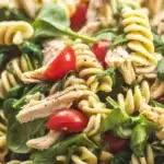 Chicken Pesto Pasta Salad with fresh veggies, chicken, and pesto dressing.