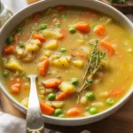 Bowl of One-Pot Creamy Vegetable Soup with fresh vegetables and herbs.