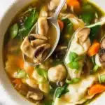 A warm bowl of Potsticker Soup with colorful vegetables and dumplings.