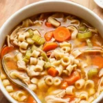 Bowl of delicious Sicilian Chicken Soup with vegetables and tender chicken.