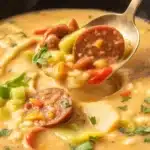 A bowl of Slow Cooker Cajun Potato Soup with Andouille sausage and herbs