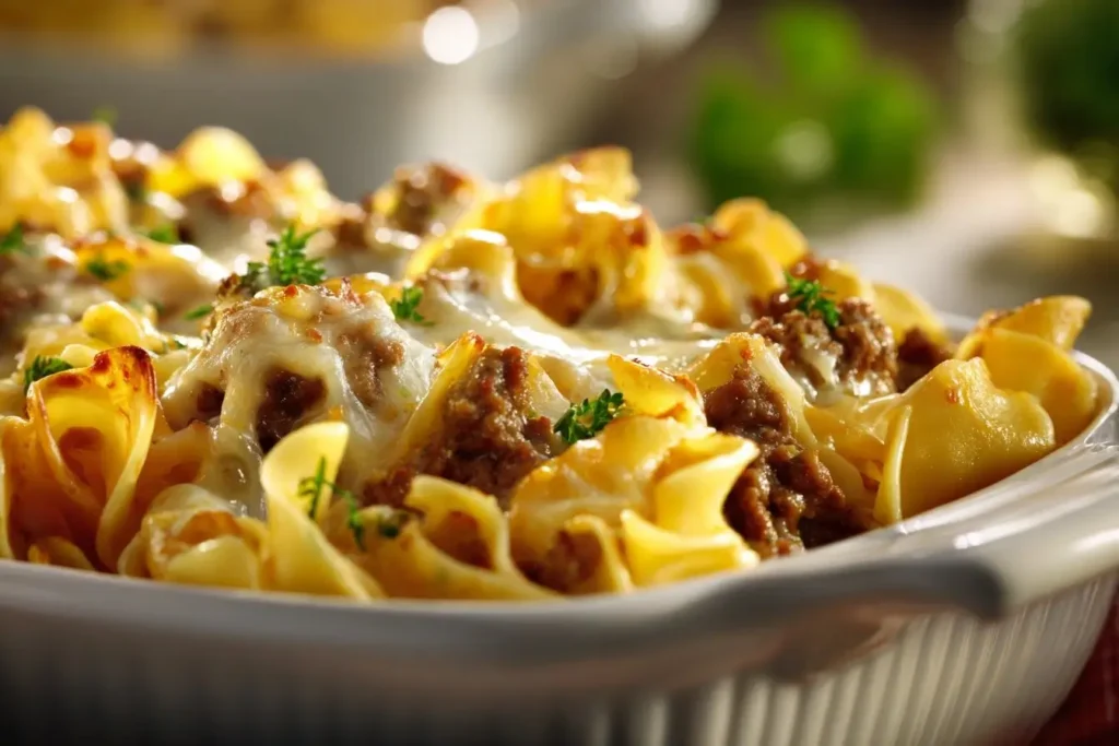Creamy Sour Cream Beef Noodle Casserole with layers of rich beef and melted cheese