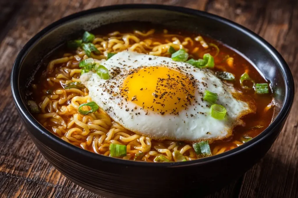 Bowl of Korean Spicy Ramen with Beef, topped with green onions and chili paste.