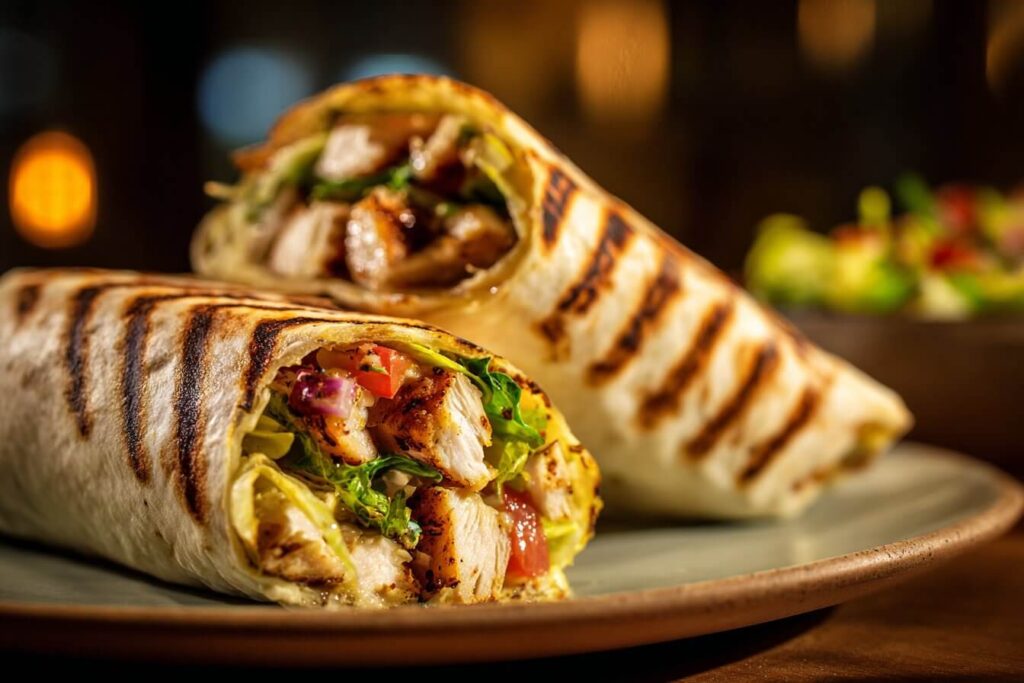 Plate of Chicken Shawarma with Creamy Garlic Sauce served with pita and salad