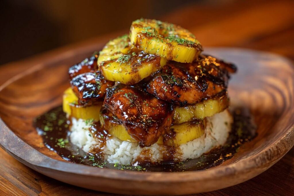 Hawaiian Huli Huli Chicken Stack topped with grilled pineapple and served over rice.