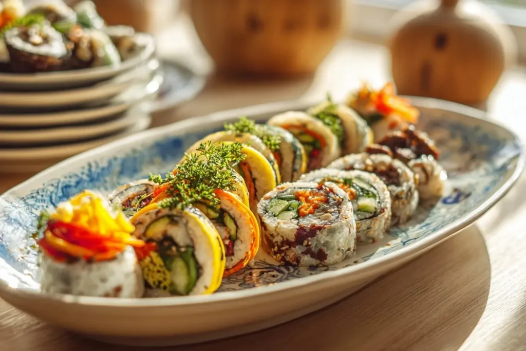 Delicious Kimbap, Korean seaweed rice rolls filled with vegetables and proteins.