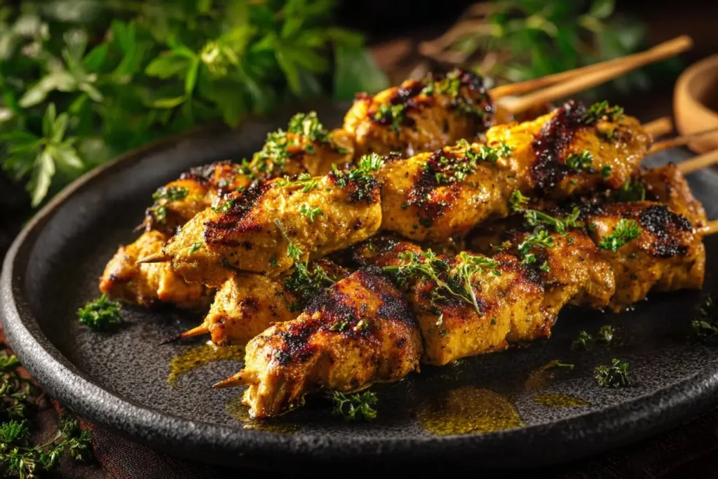 Juicy Bang Bang Chicken Skewers coated in creamy, sweet and spicy sauce.