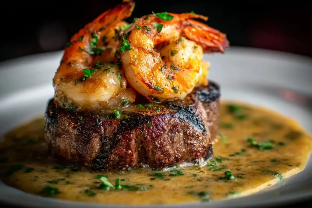 Delicious surf and turf featuring steak and shrimp with creamy garlic sauce.
