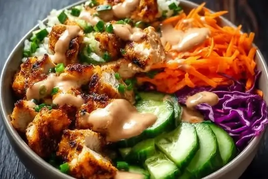 Delicious Bang Bang Chicken Bowl with crispy chicken, spicy sauce, rice, and fresh vegetables.