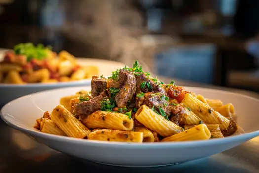 Cajun Steak Tips served in a rich Cheesy Rigatoni Parmesan Sauce