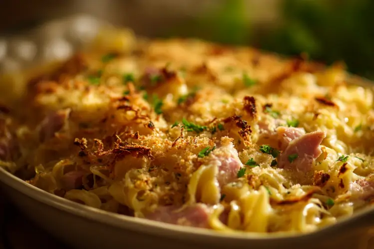 Delicious Chicken Cordon Bleu Casserole with chicken, ham, and a creamy cheese topping.