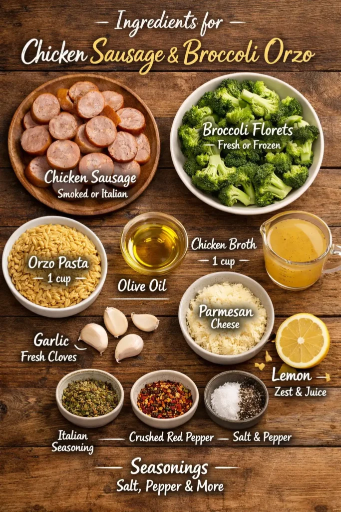 Ingredients for Chicken Sausage and Broccoli Orzo (With Substitutions)